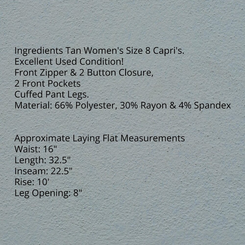 Ingredients Size 8 Tan Polyester Rayon Spandex Capri's - Picture 6 of 7
